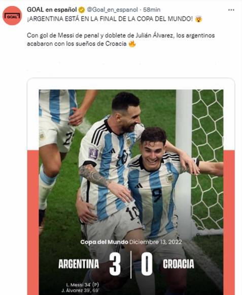 Goal.com - “¡Argentina está en la final de la Copa del Mundo!”. “Con gol de Messi de penal y doblete de Julián Álvarez, los argentinos acabaron con los sueños de Croacia”.