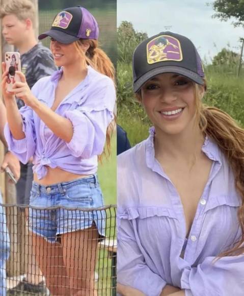 Shakira levantó suspiros en el torneo de béisbol de su hijo con un atuendo de veinteañera compuesto por una camisa semitraslúcida morada y un mini short que dejó al descubierto sus torneadas piernas.