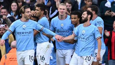 Jugadores del Manchester City celebran uno de los cuatro goles marcados ante Southampton.