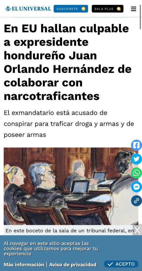 El Universal informa: En EU hallan culpable a expresidente hondureño Juan Orlando Hernández de colaborar con narcotraficantes.
