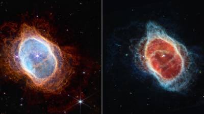 La nebulosa del Anillo Sur está formada por varias estrellas, una de ellas moribunda que ha estado emitiendo anillos de gas y polvo durante miles de años. Fotografías: NASA Webb / EFE