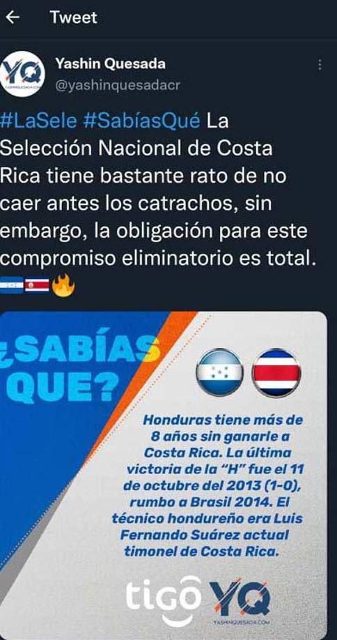 Yashin Quesada también señala que Costa Rica tiene una obligación total de poder vencer a Honduras.