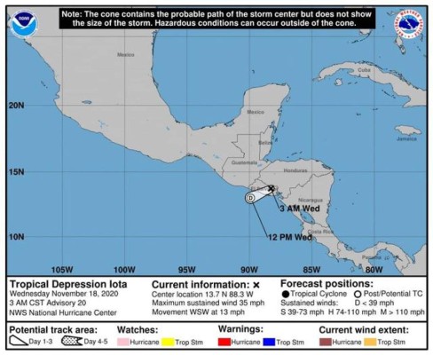 Iota se degrada a depresión tropical sobre El Salvador