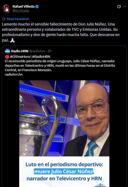 Dolorosos mensajes: Consternación en Honduras por muerte de Julio César Núñez