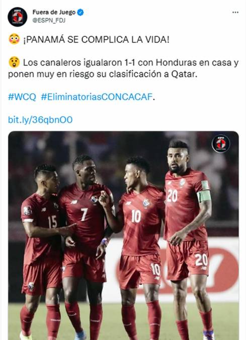 Fuera de Juego de ESPN - “¡Panamá se complica la vida! Los canaleros igualaron 1-1 con Honduras en casa y ponen muy en riesto su clasificación a Qatar”.