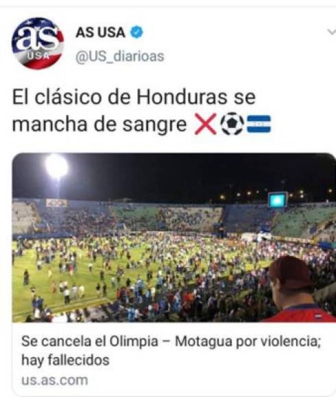 El Diario As señaló que el clásico de Honduras se manchó de sangre.