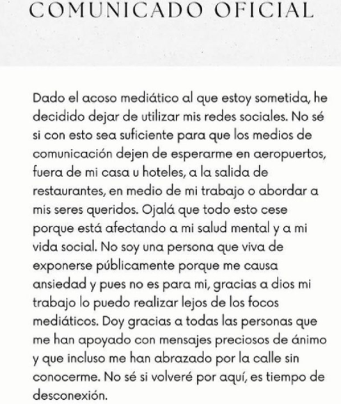 Comunicado oficial de Joana Sanz en su cuenta oficial de Instagram donde informa que dejará de utilizar sus redes sociales por el acoso mediático de la prensa.