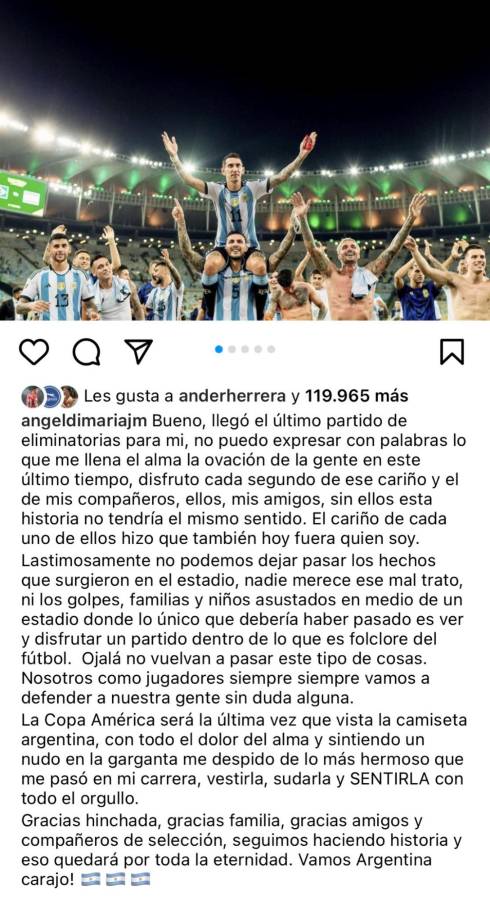 El mensaje donde Ángel Di María hace oficial su adiós de la Selección de Argentina.