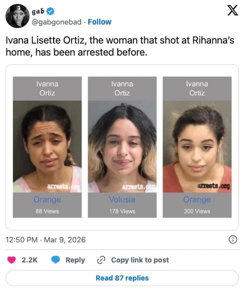 Los inquietantes mensajes en redes de la mujer que disparó a la casa de Rihanna