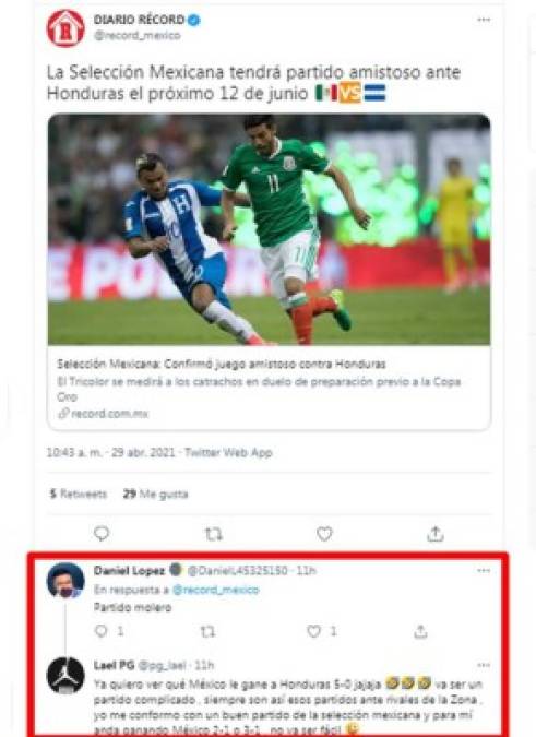 El diario Récord informó sobre el partido amistoso entre México y Honduras programado para el próximo 12 de junio y sus seguidores empezaron a criticar dicho compromiso.