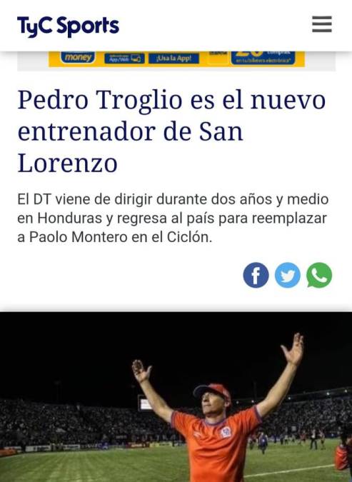 TYC Sports de Argentina señala que Pedro Troglio es el nuevo entrenador de San Lorenzo.
