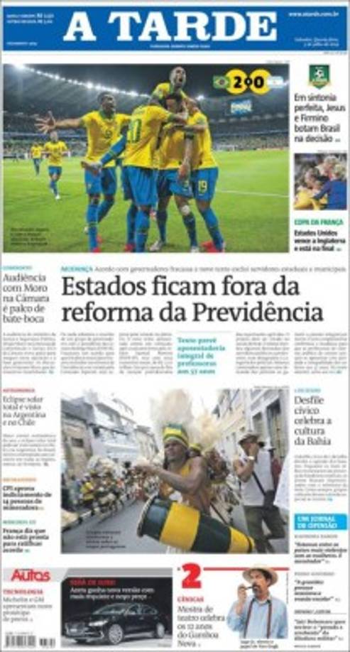 La portada del diario brasileño A Tarde.