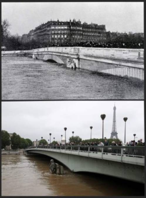 La foto del 27 de enero 1910 durante la ' Gran Inundación ' y la de este 3 de junio el año 2016 muestra el nivel de la inundación. AFP