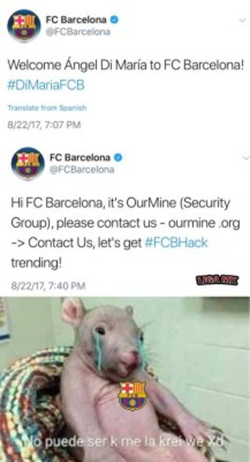 El club reaccionó con otro mensaje: 'Esta noche nuestras cuentas han sido hackeadas. Estamos trabajando para solucionarlo lo antes posible. Gracias por vuestra paciencia'.