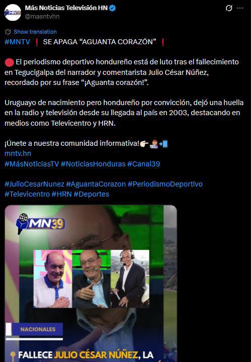 Dolorosos mensajes: Consternación en Honduras por muerte de Julio César Núñez