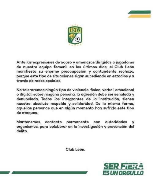 El León Femenil emitió un comunicado en donde condena el acoso y amenaza que ha recibido su jugadora Nailea Vidrio.