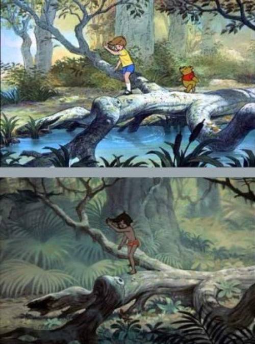 Disney utiliza imágenes recicladas para ahorrar tiempo y dinero. La escena de Winnie-de-Pooh es exactamente la misma que en “El libro de la jungla”.