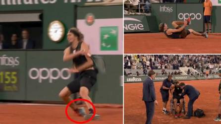 El tenista alemán Alexander Zverev se lesionó tras se torcerse el tobillo derecho en el juego ante Rafael Nadal.