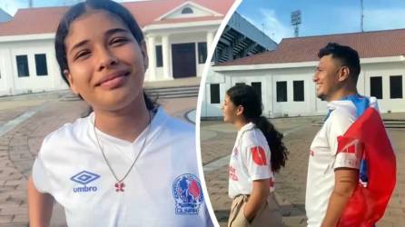 Miselis Lagos, la aficionada del Motagua, que le tocó pagar una apuesta a su padre y ponerse la camiseta del Olimpia.