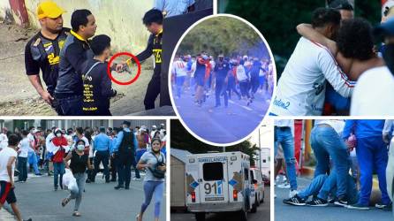 Las imágenes del enfrentamiento que protagonizaron las barras de Real España y Olimpia en las afueras del estadio Morazán previo a la Gran Final del Torneo Apertura 2021, dejando un salgo de 12 heridos y mucho terror.