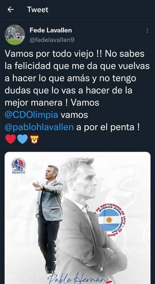 El hijo de Pablo Lavallén se pronunció en su cuenta de Twitter y desde ya se declaró un seguidor más del Olimpia.