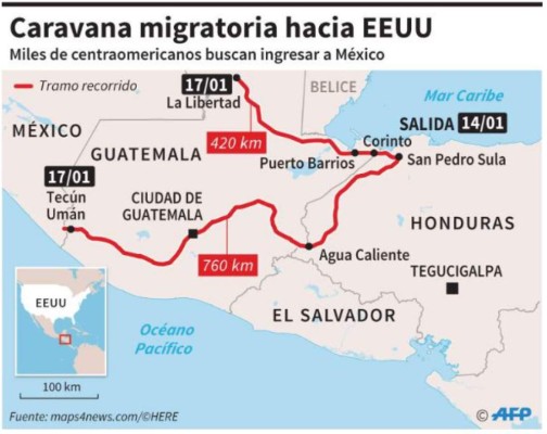 Policía mexicana frena a la caravana en el río Suchiate