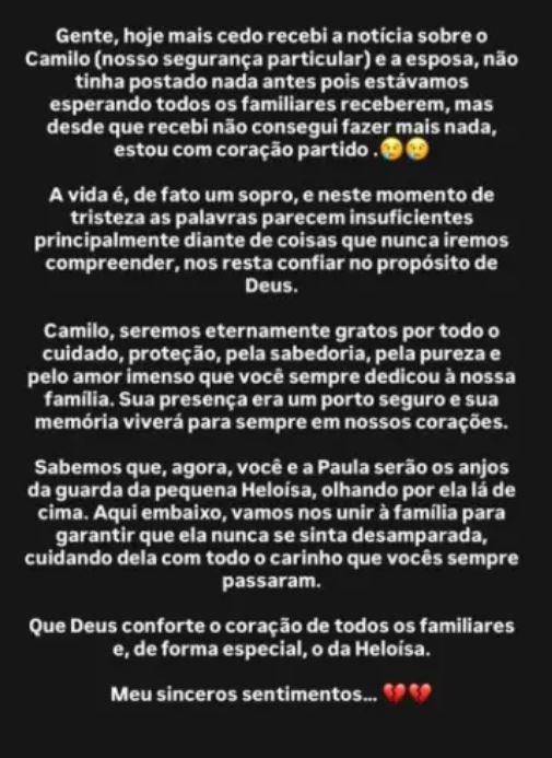 Dolor: muere guardaespaldas de la novia de Vinicius y ella deja desgarrador mensaje