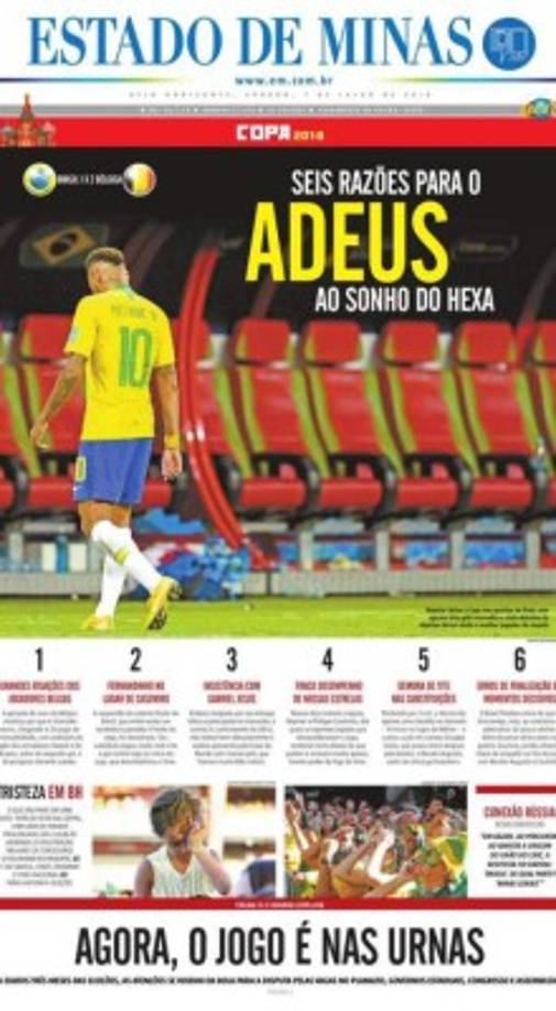 Las principales portadas de los diarios brasileños tienen la imagen del sufrimiento de Neymar, y de todo un pueblo que se ilusionaba con conquistar el Mundial de Rusia 2018.<br/>