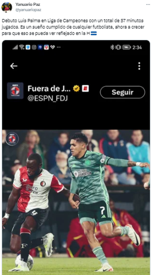 Yanuario Paz: “Debutó Luis Palma en Liga de Campeones con un total de 57 minutos jugados. Es un sueño cumplido de cualquier futbolista, ahora a crecer para que eso se pueda ver reflejado en la H”.