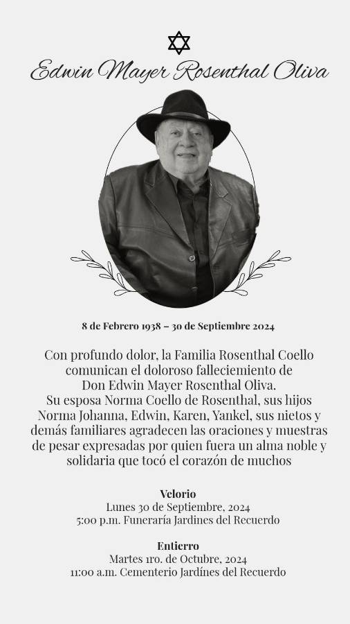 La familia de don Edwin Rosenthal informó que será enterrado el marrtes 1 de octubre.
