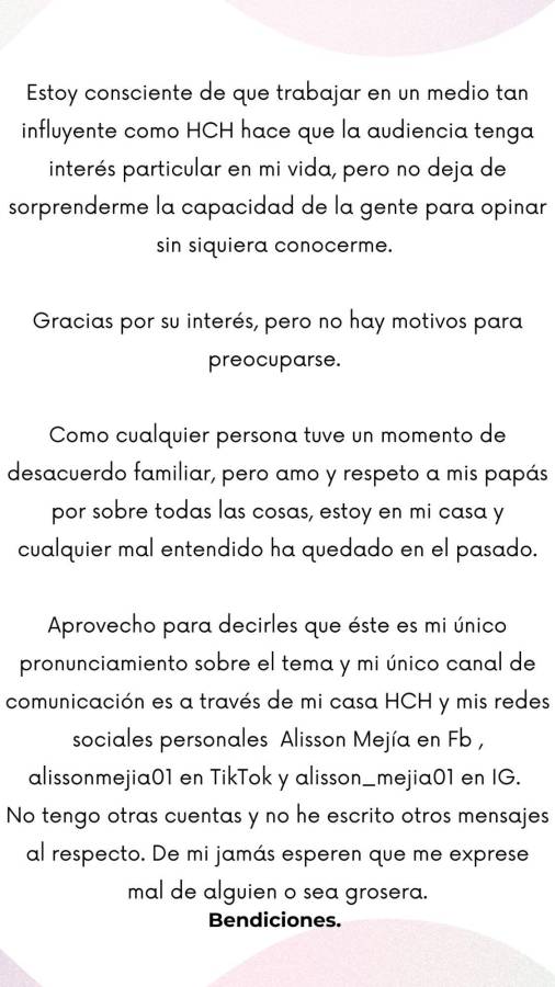 Alisson Mejía se reconcilia con sus padres