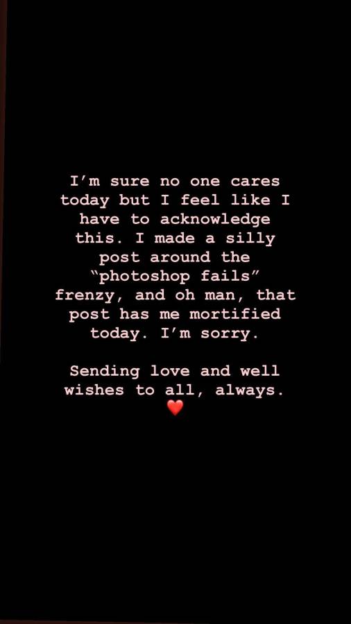Este fue el mensaje de disculpas que escribió en las historias de su cuenta de Instagram.