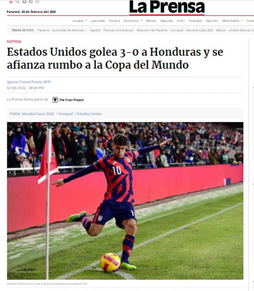 La Prensa de Panamá - “Estados Unidos golea 3-0 a Honduras y se afianza rumbo a la Copa del Mundo”. También señalan que fue “una gélida noche en Minnesota”.