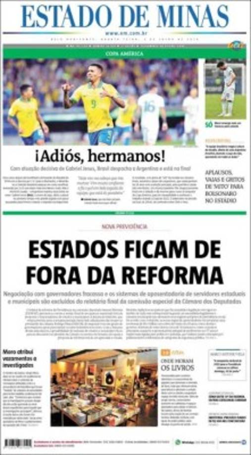 '¡Adiós, hermanos!', tituló el diario Estado de Minas tras la clasificación de Brasil eliminando a Argentina.
