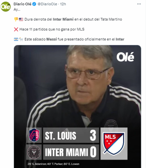 Diario Olé de Argentina: “Dura derrota del Inter Miami en el debut del Tata Martino. Hace 11 partidos que no gana por MLS”.