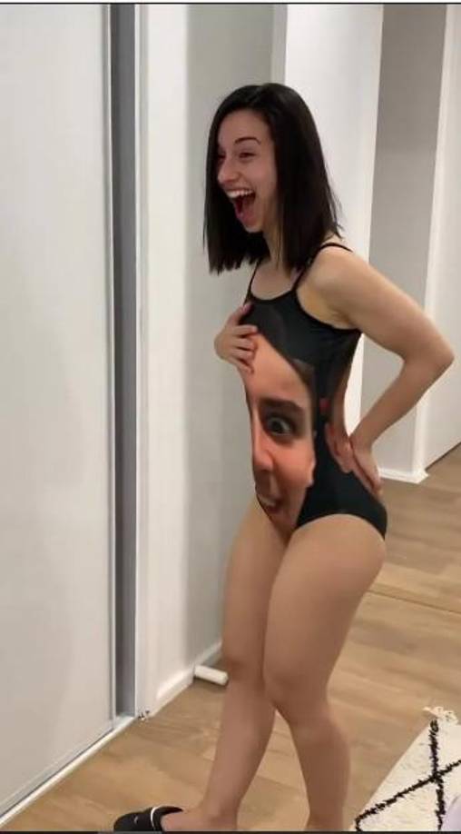 Patty acepta participar y entra a su habitación con los ojos vendados, mientras Pedro la ayuda a ponerse la malla.