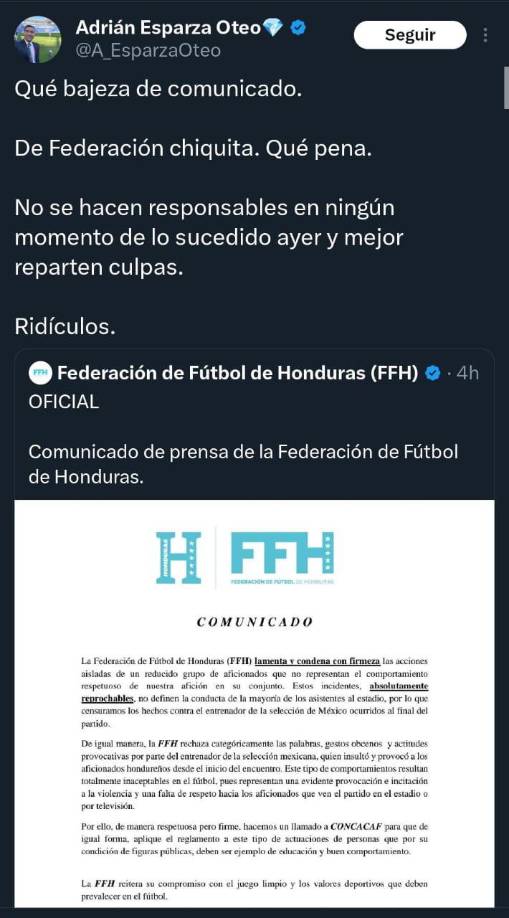 ”Qué bajeza de comunicado. De Federación chiquita, qué pena. No se hacen responsables en ningún momento de lo sucedido y mejor reparten culpas”, Adrian Esparza, narrador y reportero de TUDN.