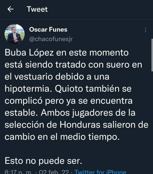 El periodista Óscar Fúnez estuvo presente en el Allianz Field e informó que “Buba” López tuvo que ser tratado con suero tras el final del primer tiempo debido al frío que estaba haciendo. El arquero tuvo que ser reemplazado para la segunda parte.