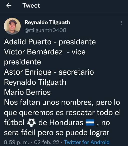 El exjugador Reynaldo Tilguath causó revuelo al informar que varios futbolistas pretenden rescatar el fútbol de Honduras y para eso estudian la posibilidad de reemplazar a los actuales directivos de la Fenafuth. El exvolante notificó los nombres de los que estarían integrando la directiva. 