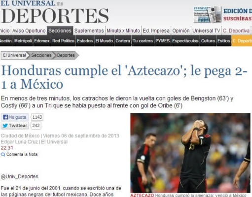 Medios hablan del Aztecazo de Honduras sobre México