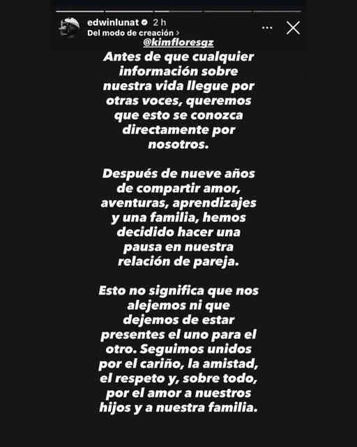 Comuncado de Edwin Luna publicado en las historias de su cuenta en Instagram.
