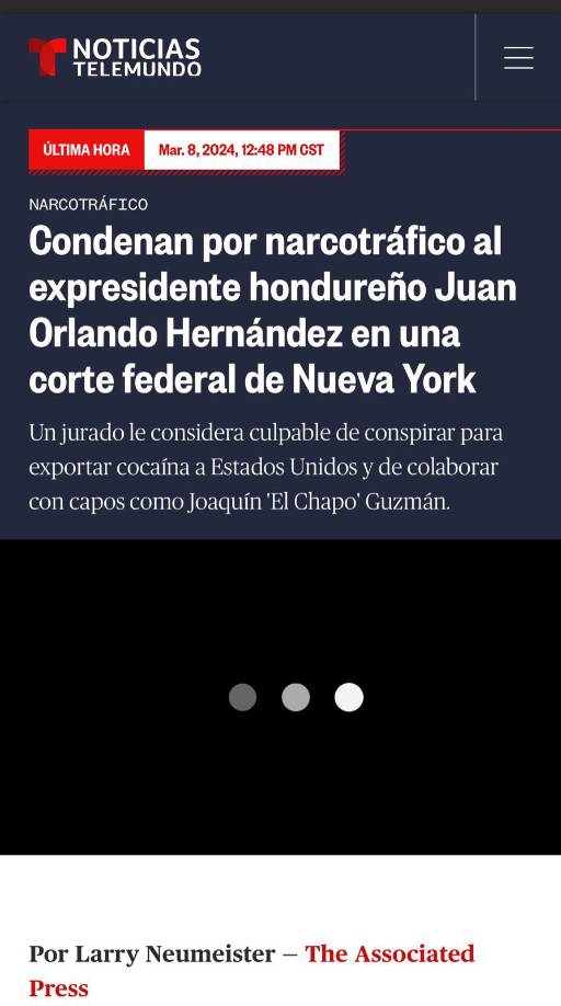 Telemundo informa: Condenan por narcotráfico al expresidente hondureño Juan Orlando Hernández en una corte federal de Nueva York. 