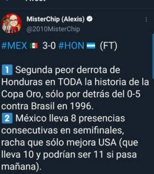 El estadígrafo español Mister Chip compartió varias estadísticas y señaló que el 3-0 de Honduras es la segunda peor derrota de la H en la historia de la Copa Oro.
