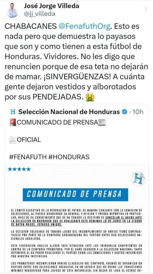 José Jorge Villeda, periodista hondureño, reaccionó con molestia por la manera en la que pudieron aceptar este partido en dicha cancha.