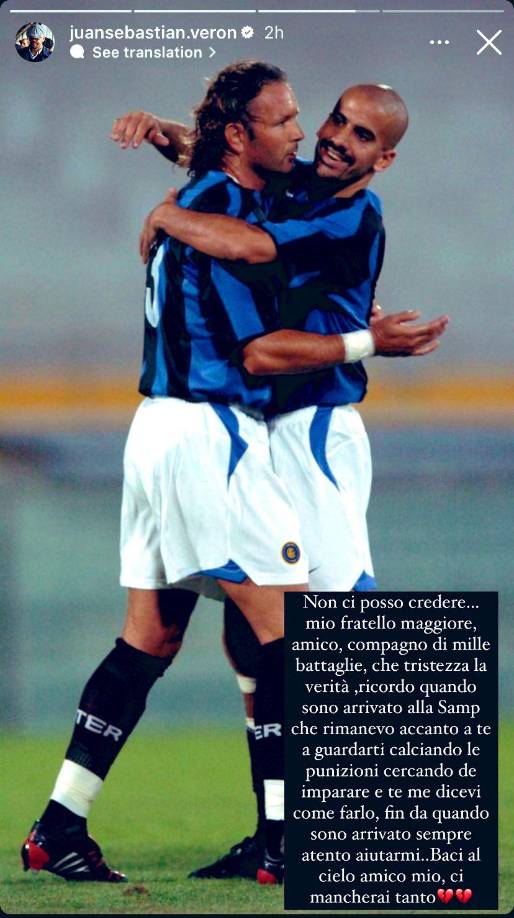 Sebastián Verón despidió a Mihajlovic con estas emotivas palabras en italiano. “Mihajlovic era tan bueno que ni Verón ni Mancini le disputaban los balones parados”, escribió un aficionado.