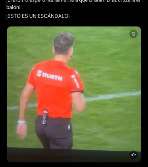 “El árbitro esperó que Brahim Díaz cruzara el balón. Esto es un escándalo”, le dio repost Jude.