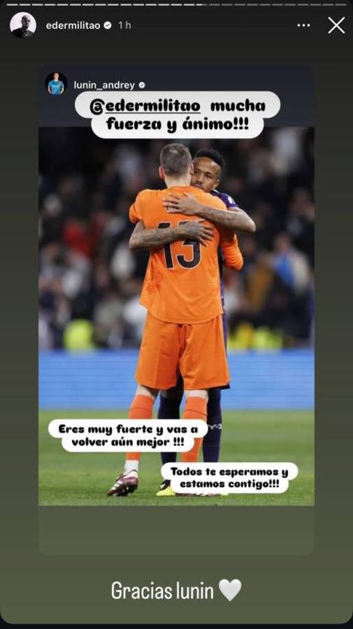 ”Eres muy fuerte y vas a volver aún mejor”, escribió el ucraniano Lunin a Militao.