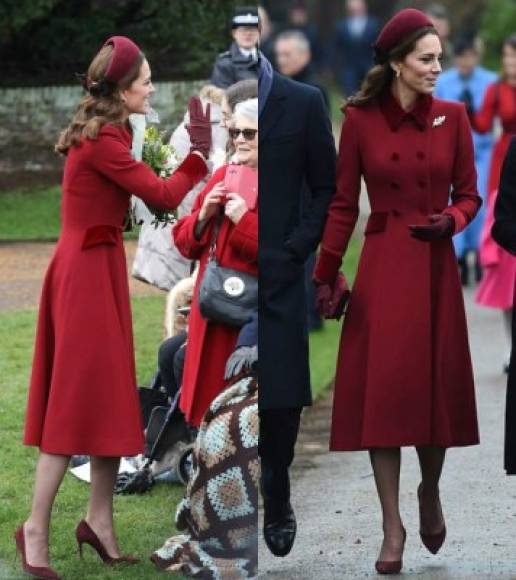Kate llevaba medias oscuras y modestos tacones rojos de Gianvito Rossi, pareciendo continuar con un estilo de la era de los años cuarenta.