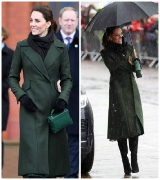 Kate usó un abrigo verde de Sportsmax valorado en más de $1,000 dólares y un vestido de Michael Kors debajo.<br/>