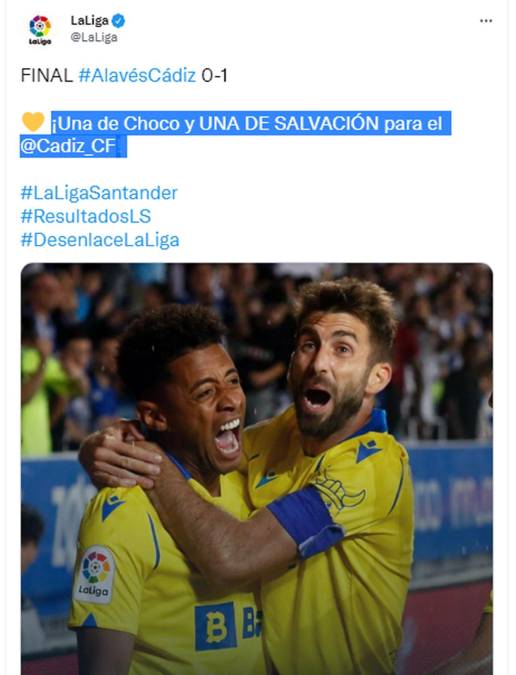 La Liga Española también alabó al goleador catracho. “¡Una de Choco y una de salvación para el Cádiz!”.